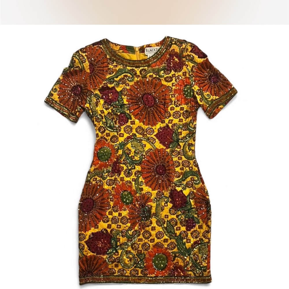 Oleg Cassini XS Orange Yellow Vintage Beaded Mini Dress